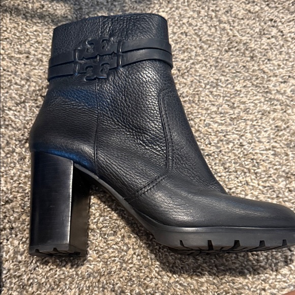 Tory Burch Shoes - Tory Burch Black Leather Block Heel Ankle Boot with Logo Strap